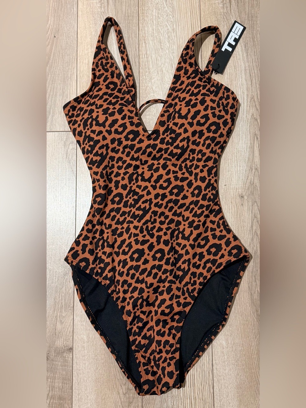 TA3 Black Brown Leopard Plungey One Piece Swimsuit Large NWT